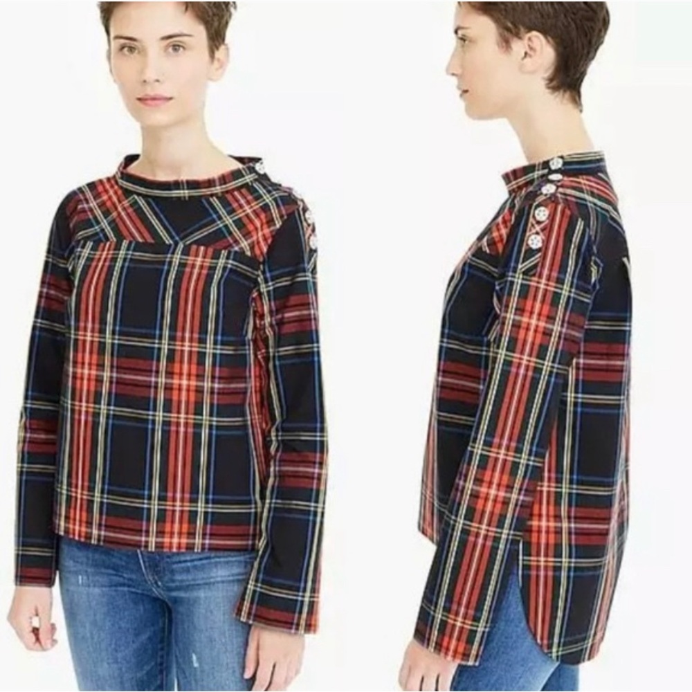 J.Crew holiday funnel-neck blouse, size 0, with jeweled buttons at the shoulder.